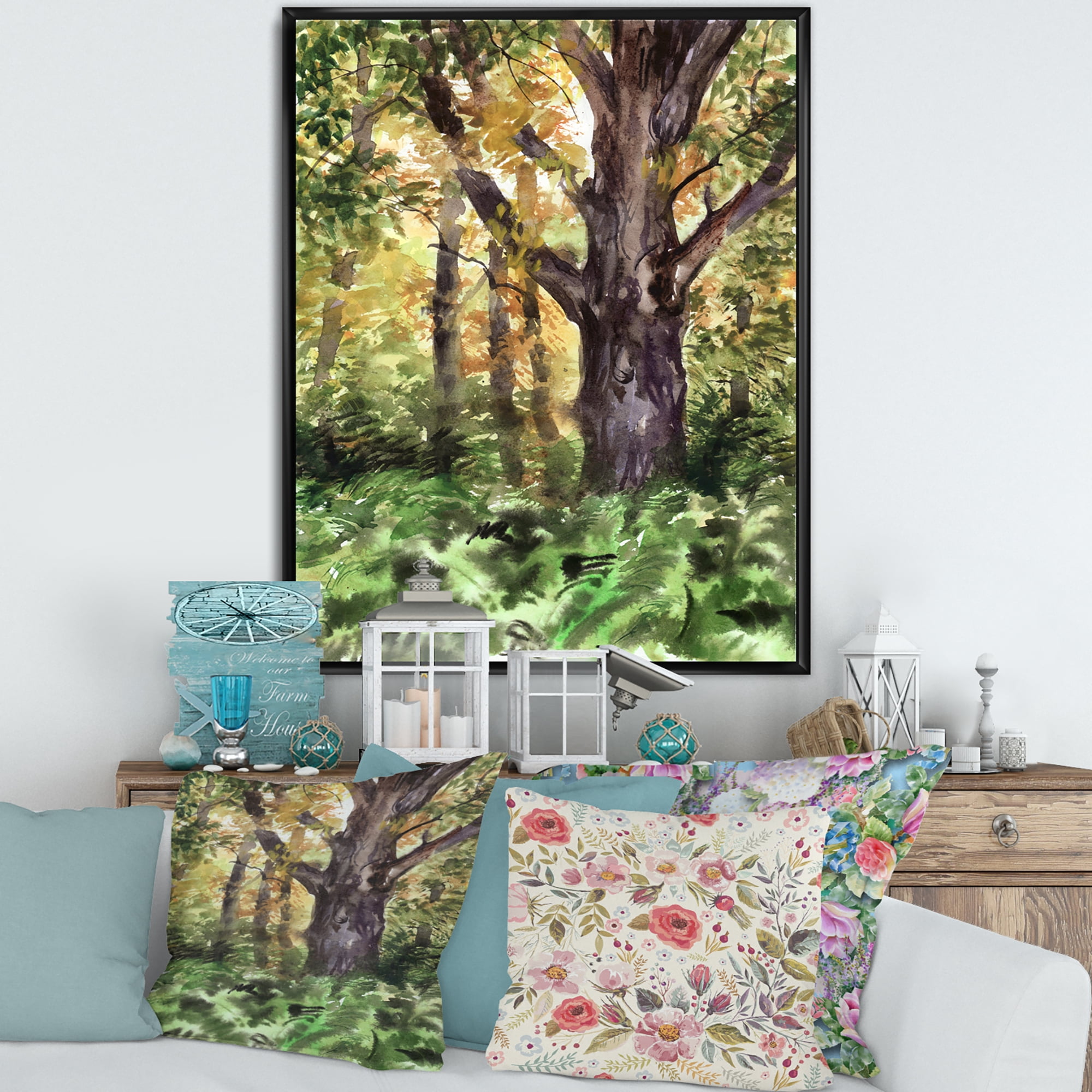 Designart 'Autumn Forest With A Large Tree' Lake House Framed Canvas Wall Art Print