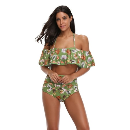 Women Elegent High Waisted Bikini Off Shoulder Flounce Ruffled Swimsuit