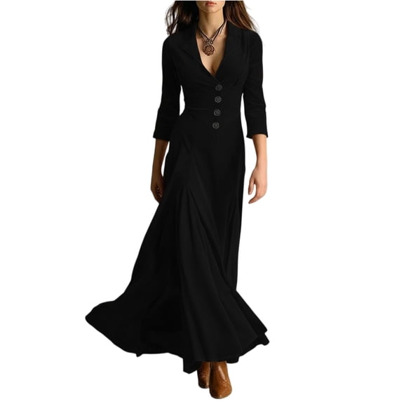Women Long Sleeve V-Neck Velvet Stretchy Long Dress Black 2XL
