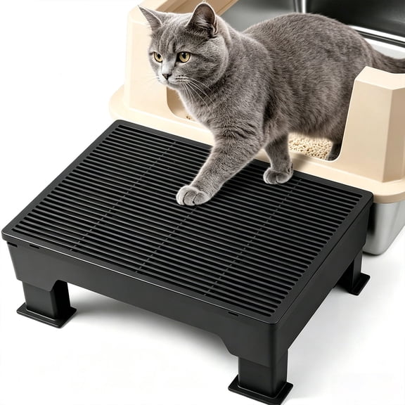 iFCOW Cat Litter Box Step Ramp, Adjustable Step Stool, Non-Slip Litter Trapper Platform for Senior Cats & Small, Portable Pet Stool with 2 Height Settings, Black (16.5*12.6*3.5/6.3")
