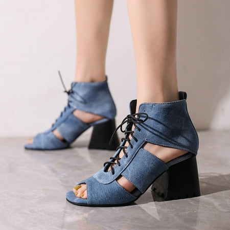 

Josdec Womens Shoes Clearance Roman Sandals Chunky Flat Head Hollow Out High Heels
