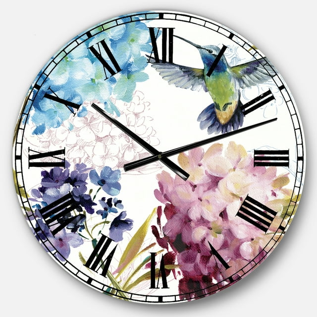 DesignArt Humming bird Blue Cottage Flower Large Wall Clock