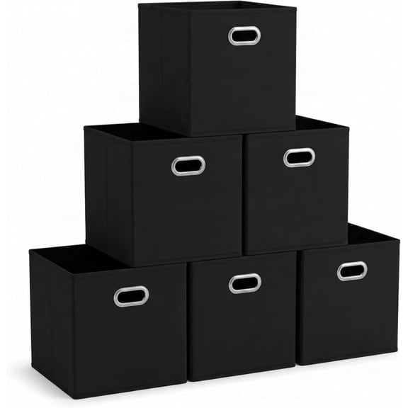 PLERISE 6 Pack Foldable Fabric Storage Bins, Poly Woven with Chipboard Sides, Stackable Baskets with Grommet Handles, Black, 1 Set