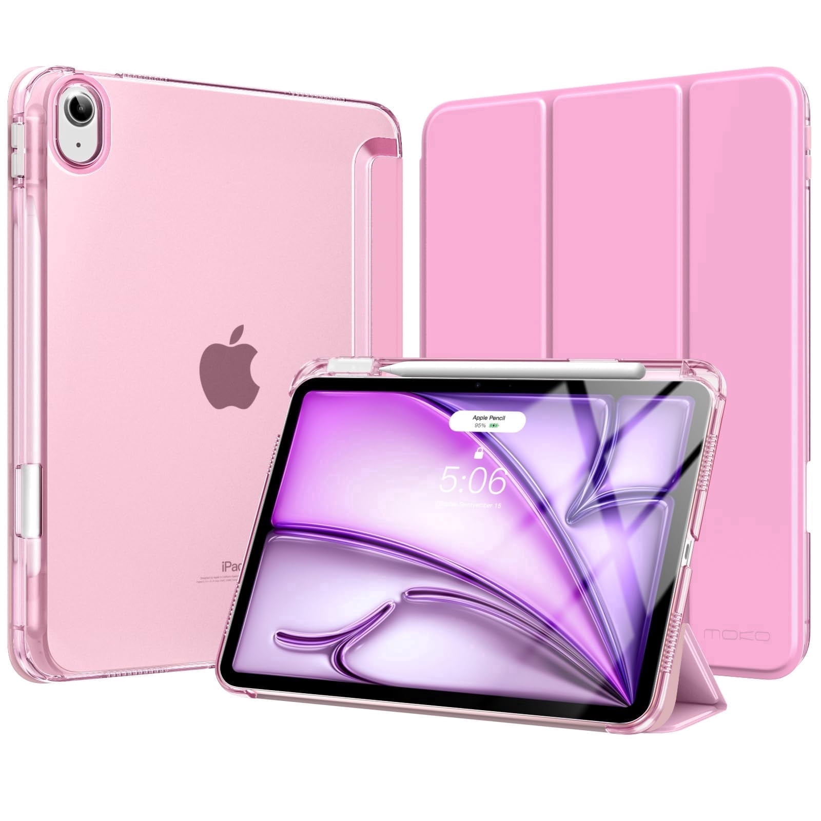 MoKo Case for iPad Air 11 inch Case(M4 2026/M3 2025/M2 2024), iPad Air 5th/4th Gen 10.9 inch Case 2022/2020 with Pencil Holder, Slim Trifold with Translucent Back Shell, Pink