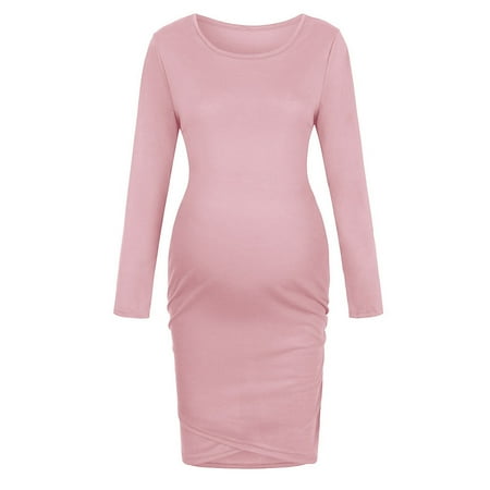

Maternity dress Womens Maternity Pregnancy Casual Long Sleeve Solid Color Dress Pink XL