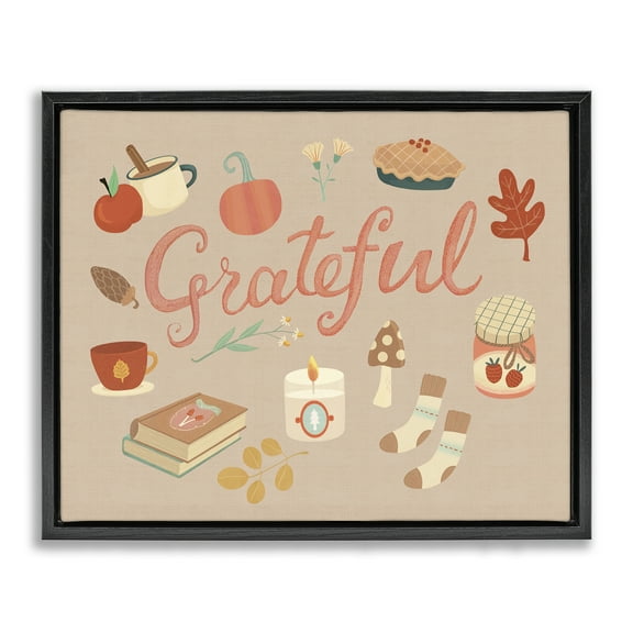 Stupell Industries Grateful Cozy Fall Essentials Holiday Painting Black Floater Framed Canvas Art Print Wall Art, 21 x 17