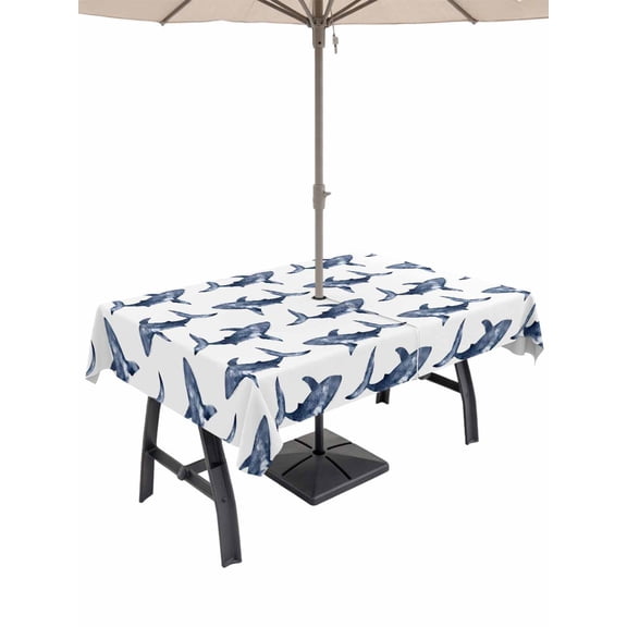 Outdoor Tablecloth with Umbrella Hole for Patio/Picnic/Party/Camping, Ocean Animals Waterproof Table Cloth Rectangle Table Cover Washable, Summer Coastal Marine Whale Blue (52"x 70")