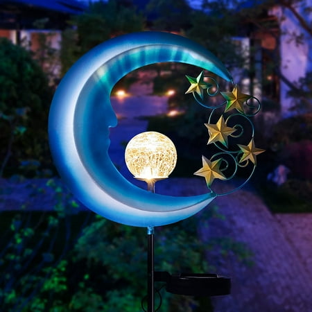 

Moon Solar Lights Outdoor Decorative - Waterproof Matal Solar Powered Garden Lights - Patio Decorations Outdoor Clearance Lights with Crackle Glass Ball for Garden Yard Pathway Lawn