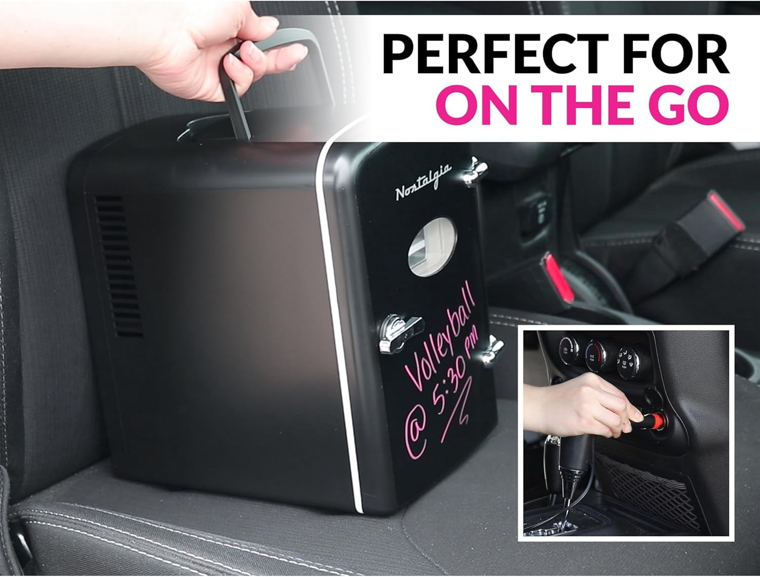 Retro 6-Can Personal Cooling and Heating  Fridge with Dry Erase Door, Carry Handle, and Display Window - Black