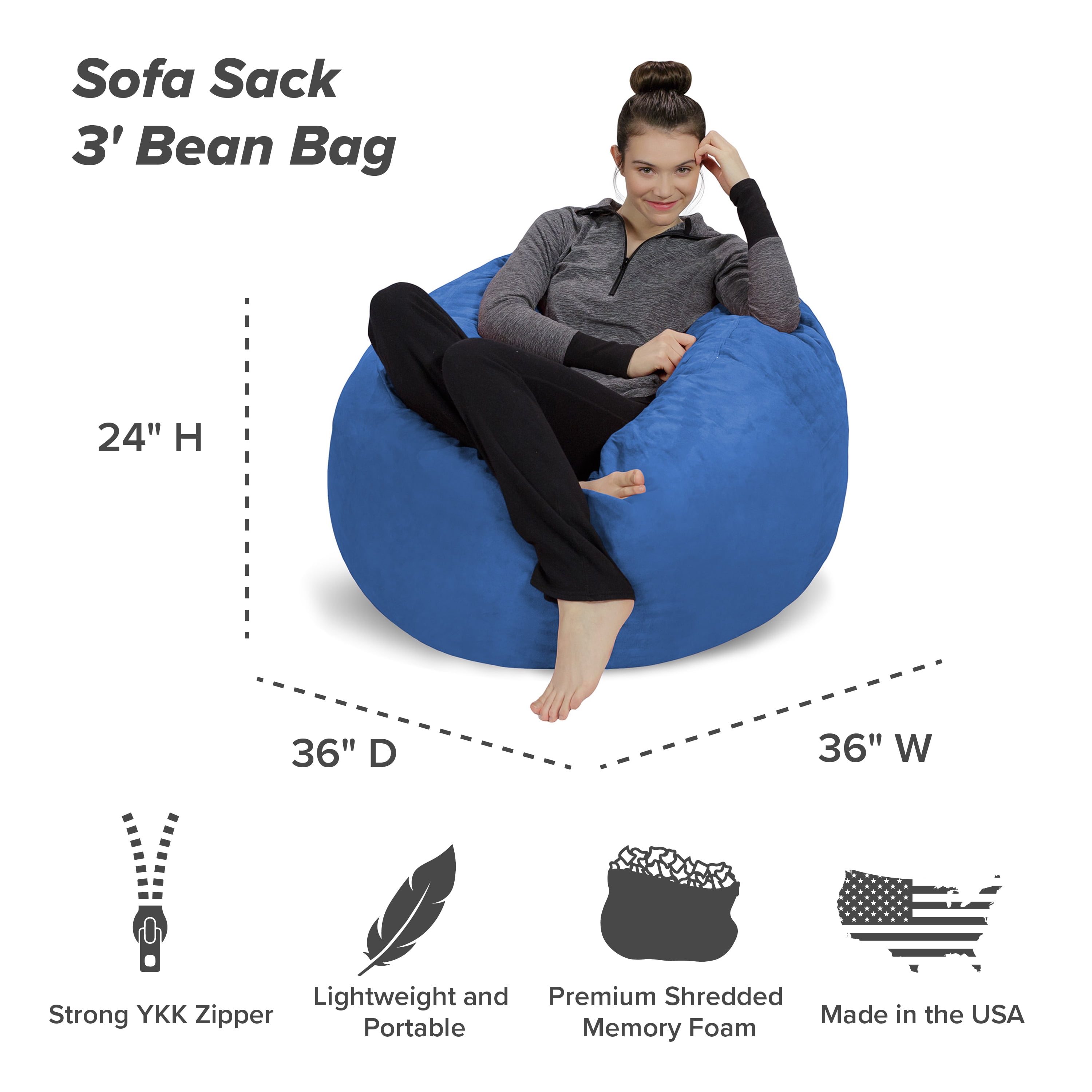 Sofa Sack 3' Passion Suede Bean Bag Chair, Royal Blue