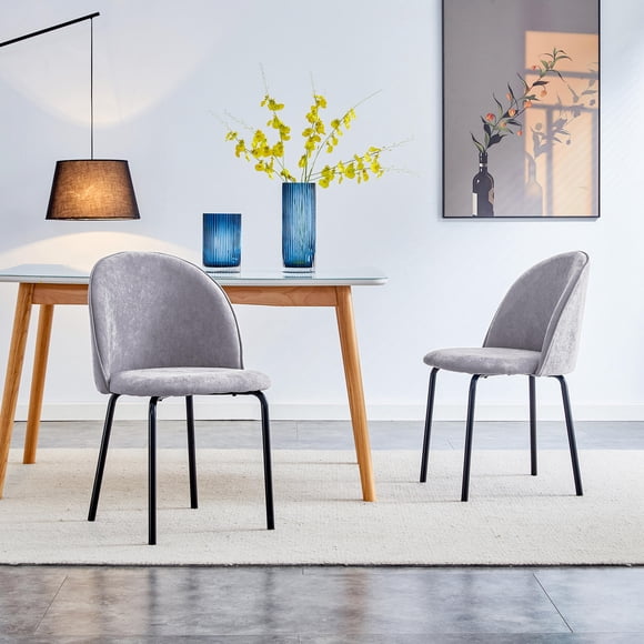 Grey Upholstered Dining Chairs Black Metal Legs, Mid Century Modern Armless Accent Side Chairs for Living Room Vanity Set of 2