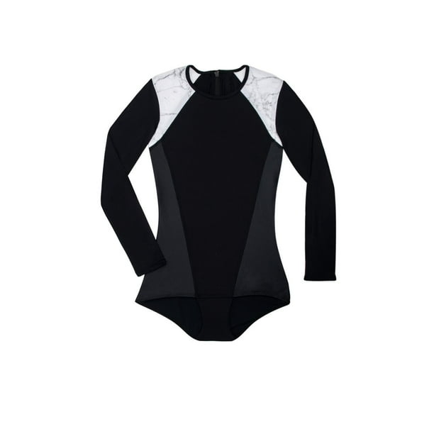 Kore Swim Selene Color Block Long Sleeve Rashguard Bodysuit Onyx Black White Marble Print Walmart Com Walmart Com