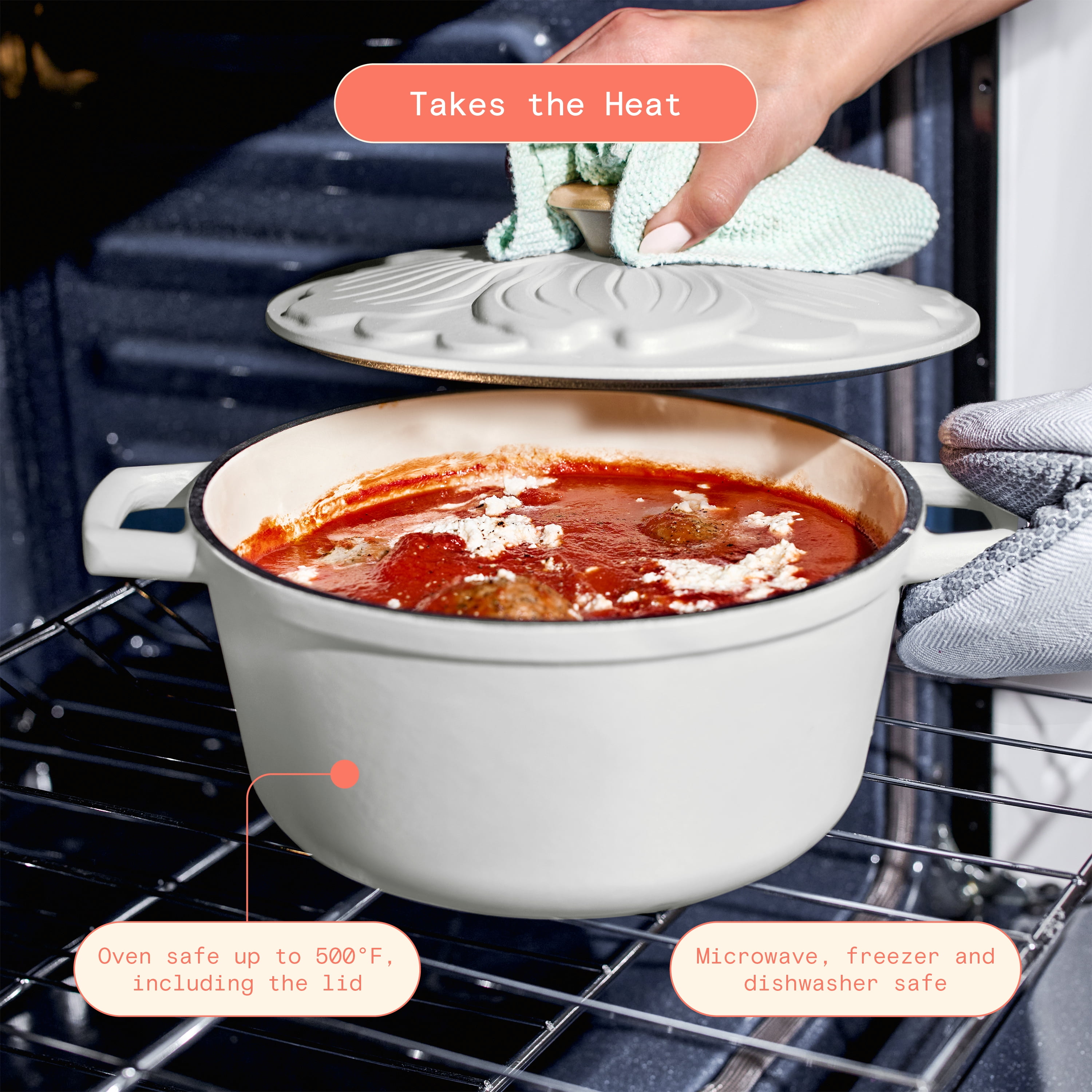 Beautiful 4 Quart Enameled Cast Iron Round Dutch Oven with Petal Design Lid, White Icing by Drew Barrymore
