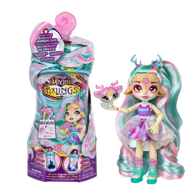 Magic Mixies Pixlings Deluxe Pack, Deerlee The Deer, Shimmer Reveal, Create & Mix Potion That Magically Reveals 6.5 Pixling Doll Inside Potion Bottle - Exclusive Mini Mixies & 6 Hair Accessories