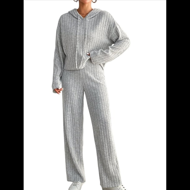 Conjuntos de Salón para Mujer, Pijamas de 2 Piezas A Juego, Moda de Otoño, Conjuntos de Punto Acanalado, Chándales Casuales de Larga Gris M
