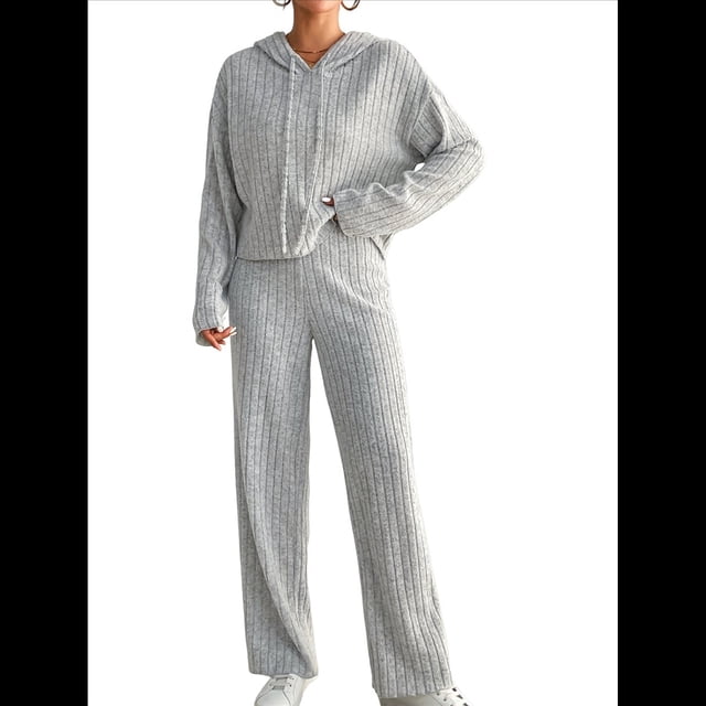 Conjuntos de Salón para Mujer, Pijamas de 2 Piezas A Juego, Moda de Otoño, Conjuntos de Punto Acanalado, Chándales Casuales de Larga Gris L