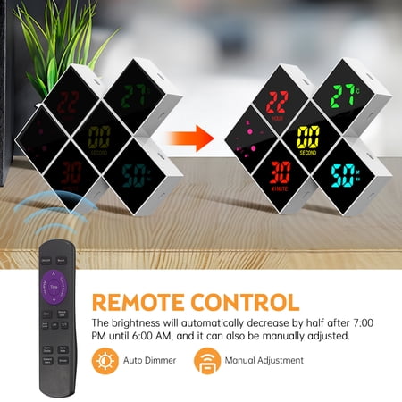 Suodoka Digital Wall Clock with Remote Control, 4 Brightness Dimmer, DIY Module LED Clock with Date Temp Humidity, 12/24H Snooze Voice Control for Living Room Bedroom Home Office Decor (6.5cm/2.56in)