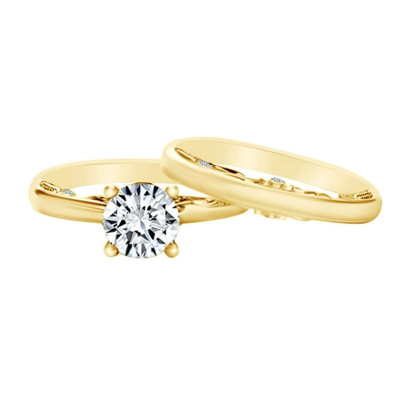 AFFY 1.01 Carat Round Shape Moissanite & Natural Diamond Bridal Ring Set 14K Solid Yellow Gold Ring Size-5
