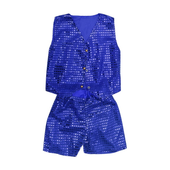CPNG Boys Girls Sequin Outfits Sleeveless Waistcoat Shorts Hip-hop Jazz Dance Stage Performance Costume Vest Tops and Shorts Set(Blue,11-12 Years)