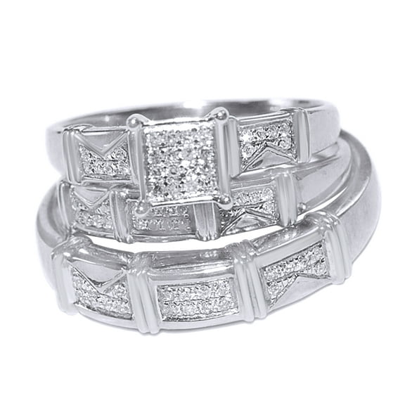 AFFY White Natural Diamond Engagement & Wedding Trio Band Ring Set In 10k White Gold