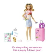 Barbie Doll and Accessories, Malibu Travel Set with Puppy & Working Suitcase, 10+ Pieces