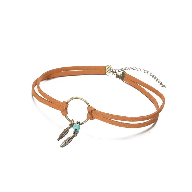 Conjunto de disfraz hippie bohemio, colgante de hoja de bronce antiguo, cadena de cuello circular geométrica de cuero, 1 pieza, marrón claro