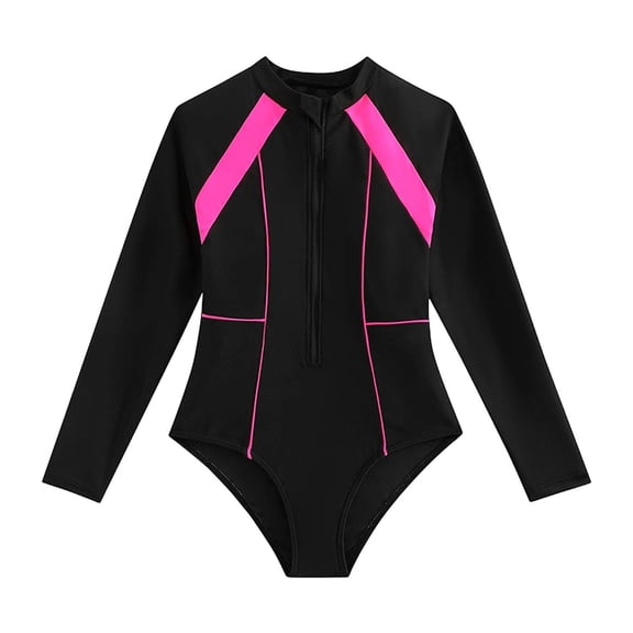 OGLCCG Girls Long Sleeve One Piece Swimsuits Rash Guard UPF 50 Surfing Modest Full Coverage Bathing Suit Zipper Sun Protection Swimwear 8-12 Years