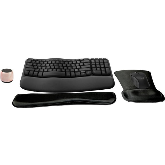 Logitech MK670 Comfort Wave Wireless Keyboard & Mouse Combo Home Office Active Lifestyle Modern Bundle with Micro Glow in the Dark Portable Wireless Bluetooth Speaker, Gel Wrist Pad & Gel Mouse Pad
