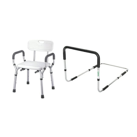 Rail Arm - Essential Medical Supply Safety Combo Pack - Endurance Adjustable Bed Rail and Shower Chair with Arms and Back