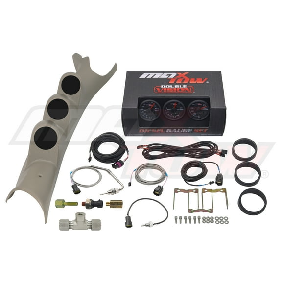 MaxTow | 2003-2009 3rd Gen Dodge Ram 24 Valve 5.9 Cummins Taupe Triple Gauge Pillar Pod with Black & Green Double Vision Series 60 PSI Boost Gauge, 1500 F EGT Pyrometer & Trans Temp Gauge