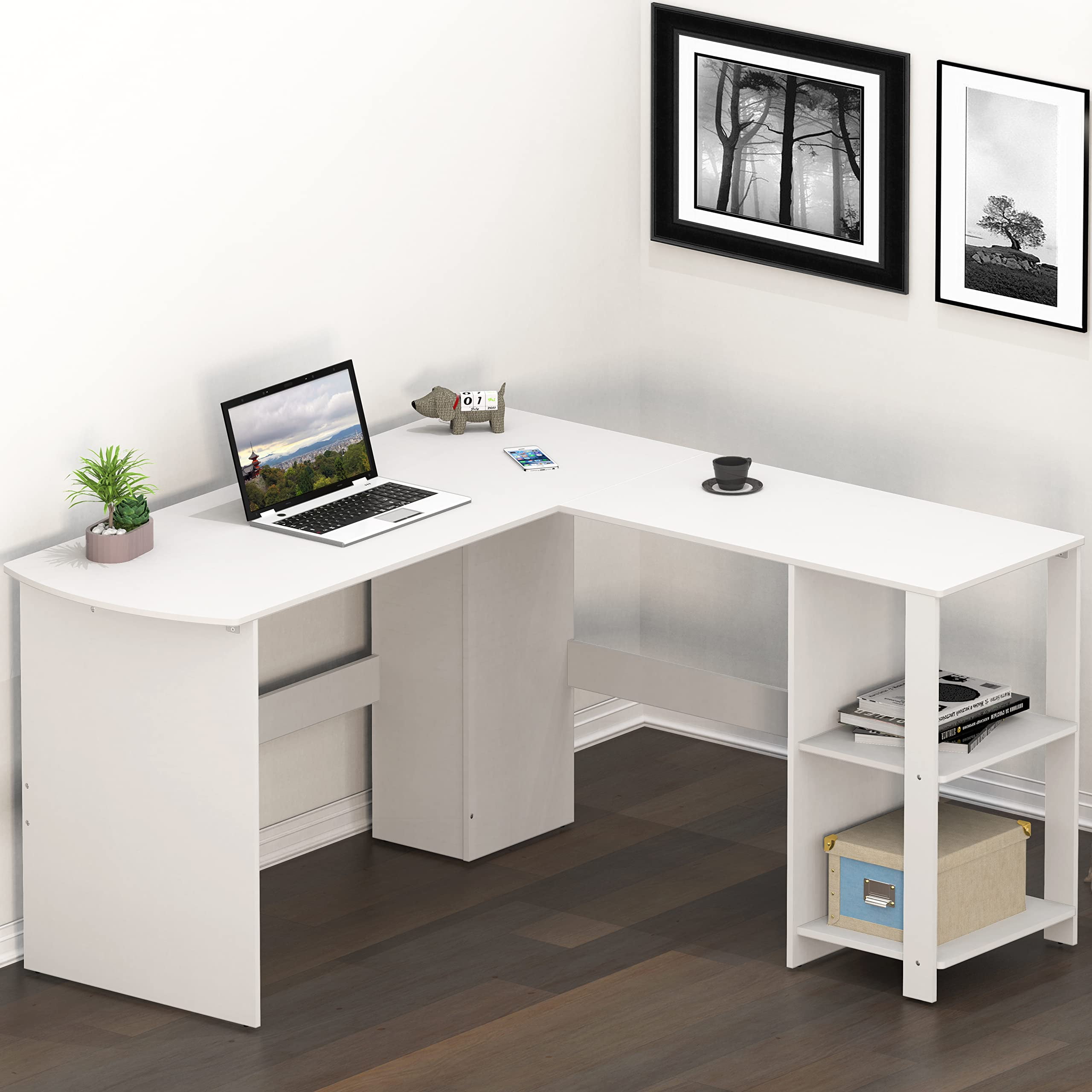 SHW Cyrus L Desk with Shelves, White