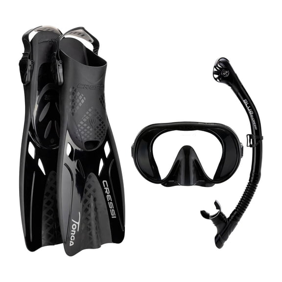 Cressi Explorer Snorkel Set - Lightweight and Easy to Use - Mask, Snorkel, and Tonga Fins, Black