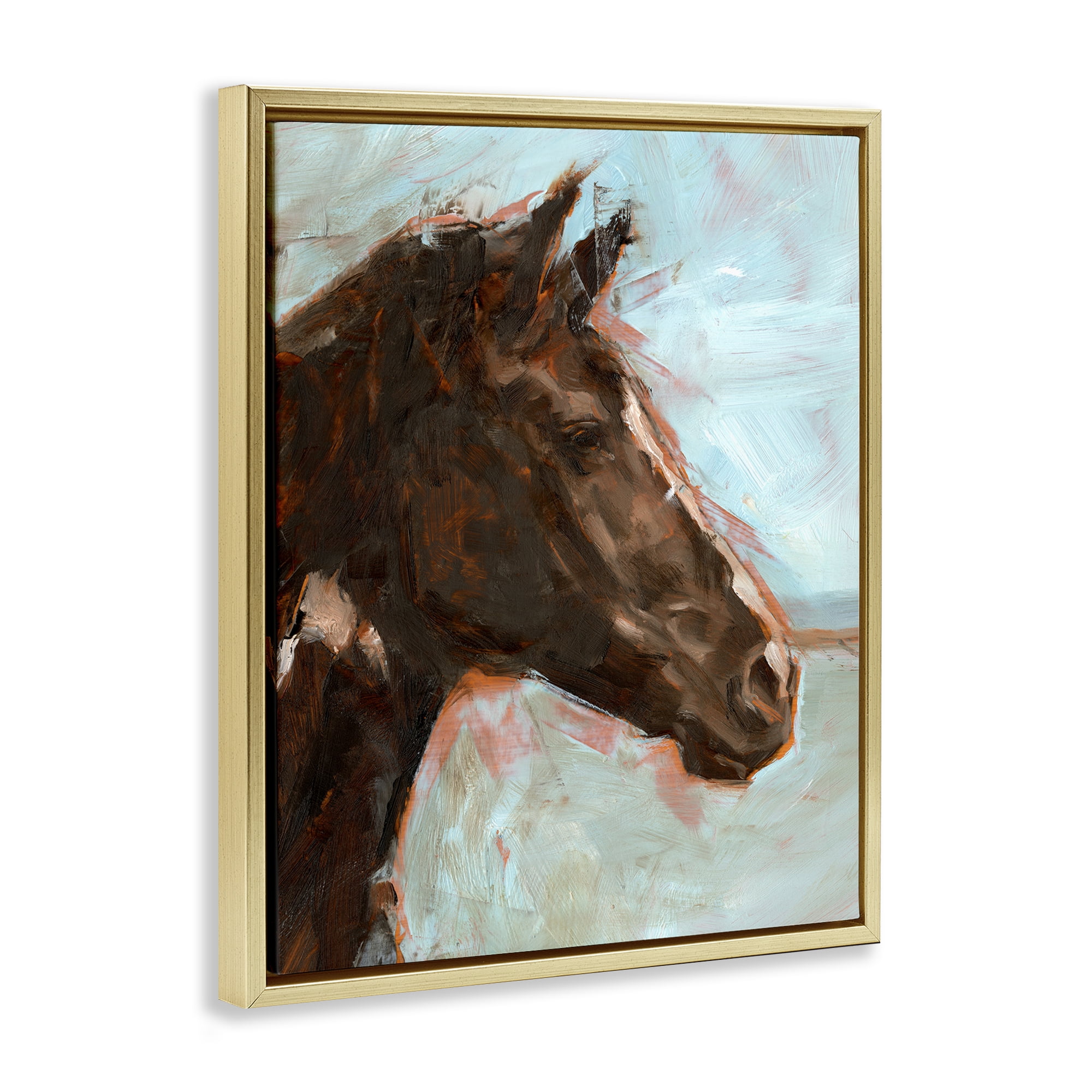 Stupell Industries Brown Horse on Blue Animals Painting Gold Floater Framed Canvas Art Print Wall Art, 25 x 31