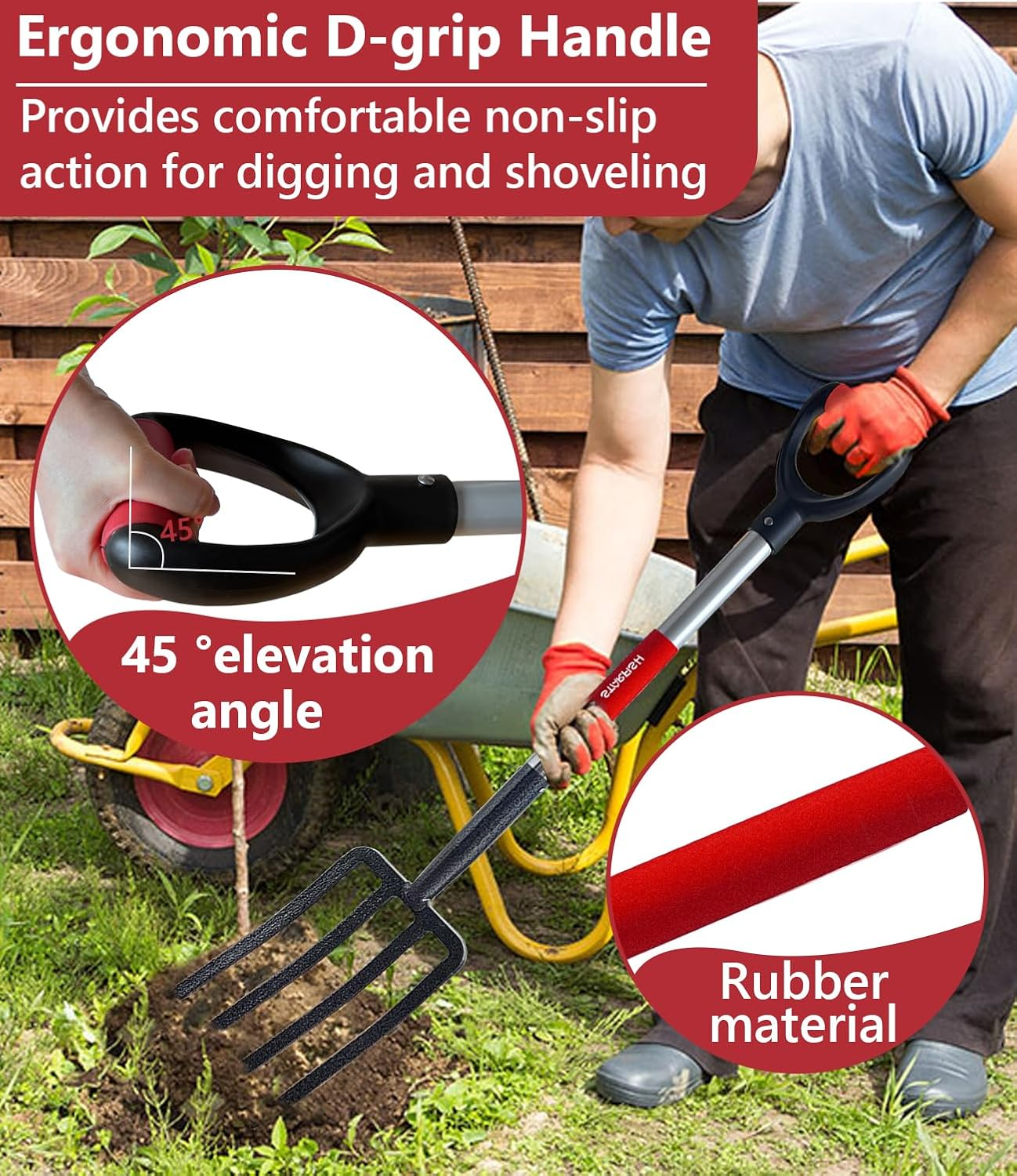 NOMIGO Hay Fork 4-Tine Steel Pitchfork with Ergonomic D-Handle for Gardening, Digging, Composting, Aerating