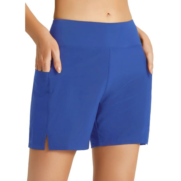 BALEAF Women's 5" Swim Shorts Trunks Quick Dry High Waisted Swimming Board Shorts Tummy Control Swim Bottom with Pockets Blue L