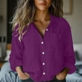thumbnail image 2 of Dazajoo Cotton and Linen Shirts Women Summer Solid Color Long Sleeve Tops with Pockets 2025 Lightweight Casual Button Down Lapel Blouses,Purple,S, 2 of 7
