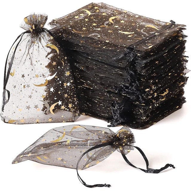 100 bolsas de organza con forma de luna y estrella, 11 x 16 cm, bolsas de regalo para bodas con cordón, bolsas de organza negras, bolsas de regalo
