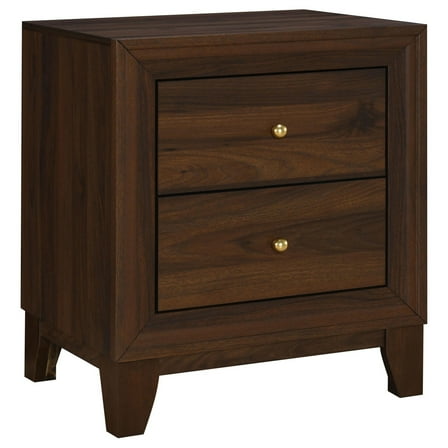 Yels Nightstand with 2 Drawers, Gold Metal Knobs, Walnut Brown