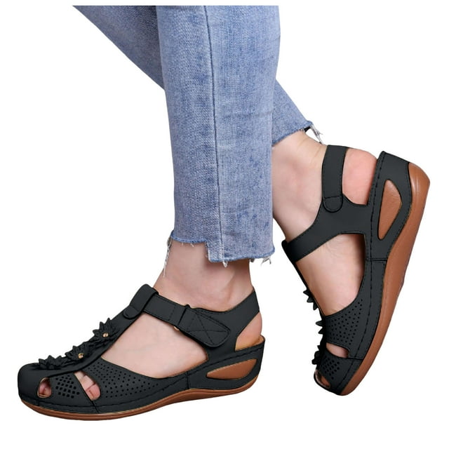 Sandales Orthopédiques à Talon Compensé à Bout Fermé pour Femmes 2025 Plage Confortables à Fleurs Marche Robe Chaussures d'Été