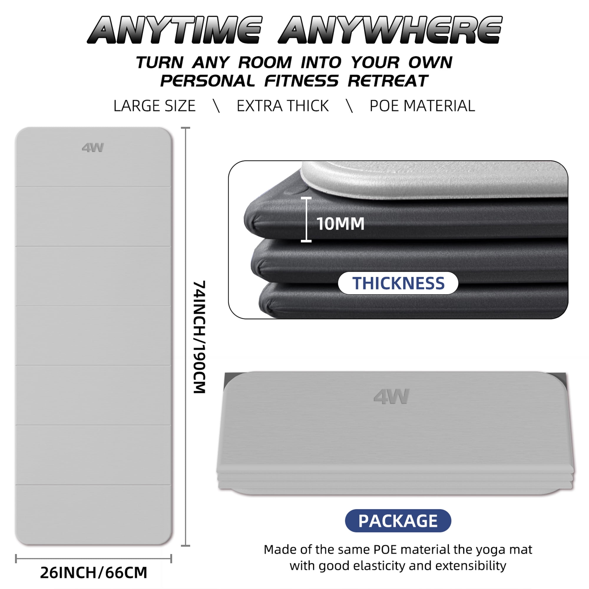 4W Foldable Yoga Mat Long, 10mm Extra Thick TPE Non-slip pilates Mats for Home and Travel, 75 x 26 in, Quick Folding/Storage No Curling(Gray+Black)