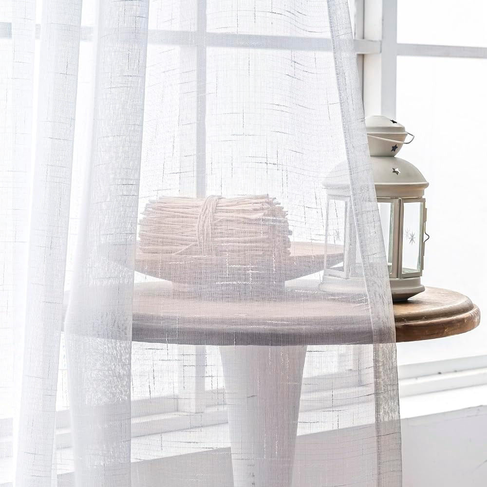 White Sheer Curtains 102 Inch Long 2 Panels, Thin Textured Linen Look Ceiling Curtains & Drapes for Living Room, Rustic See Through Window Treatments, Pinch Pleat Sliding Glass Door Curtain