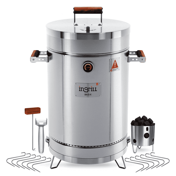 INGRILL 3-in-1 Medium Charcoal Smoker Barrel 26 lbs – Stainless Steel BBQ Drum for Smoking, Grilling & Baking – Portable Outdoor Cooker with Thermometer, Hooks & Grill Rack