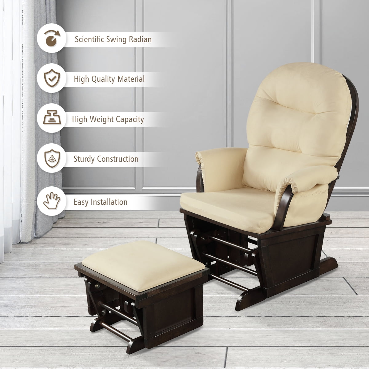 Topbuy Ergonomic Rocking Chair Baby Nursery Chair Glider with Ottoman Light Beige
