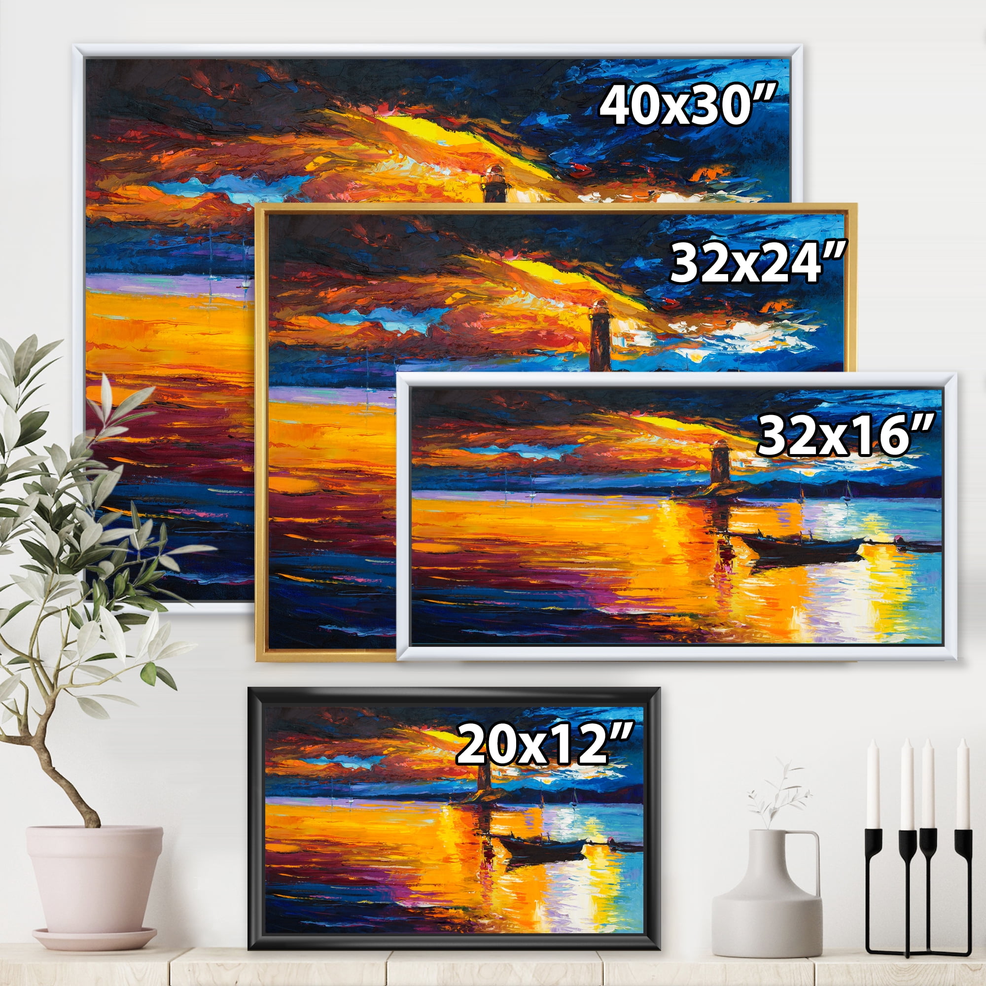 Little Boat By Lighthouse During Evening Glow 32 in x 16 in Framed Painting Canvas Art Print, by Designart