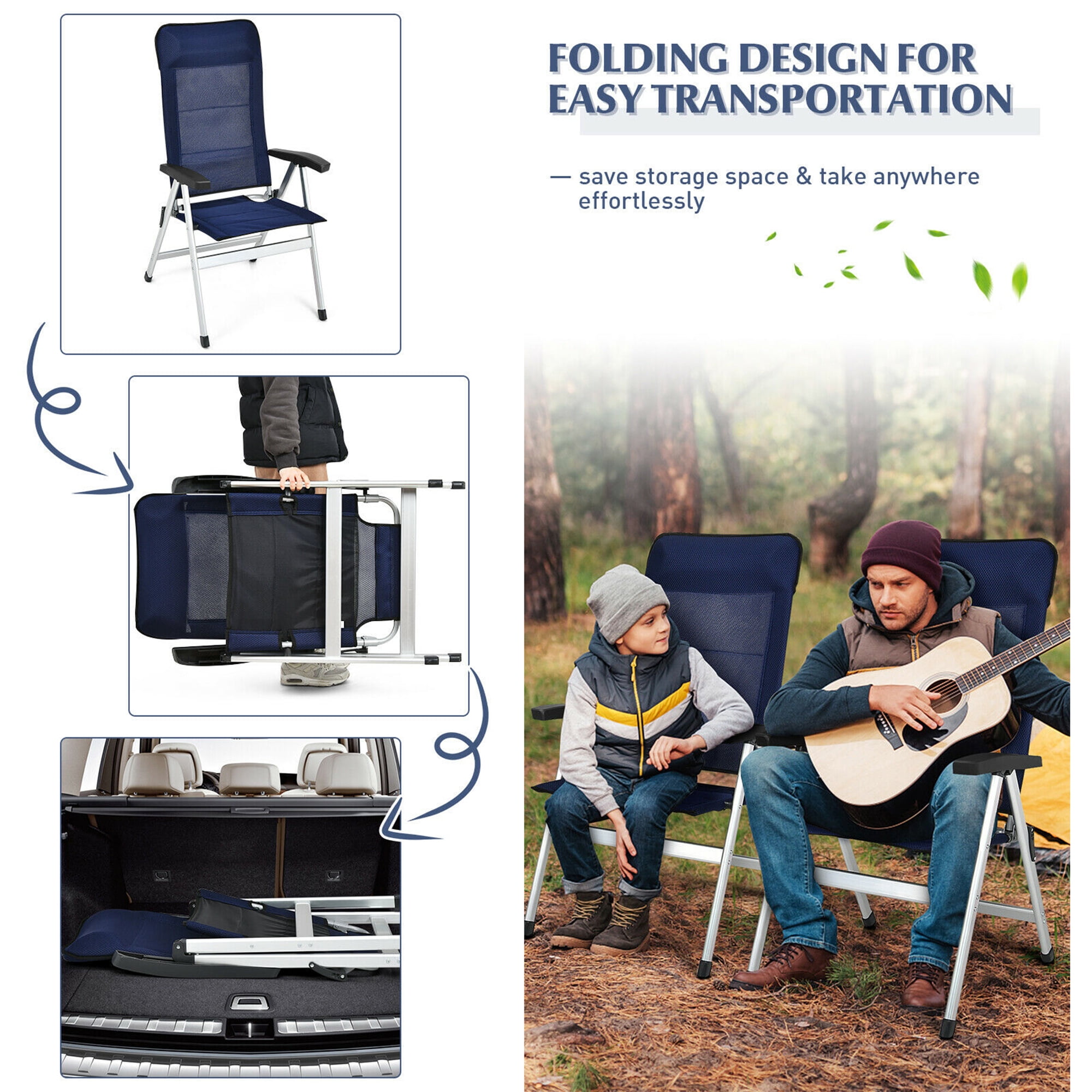 Gymax 2PCS Patio Dining Chair Aluminum Camping Adjust Portable Headrest Navy