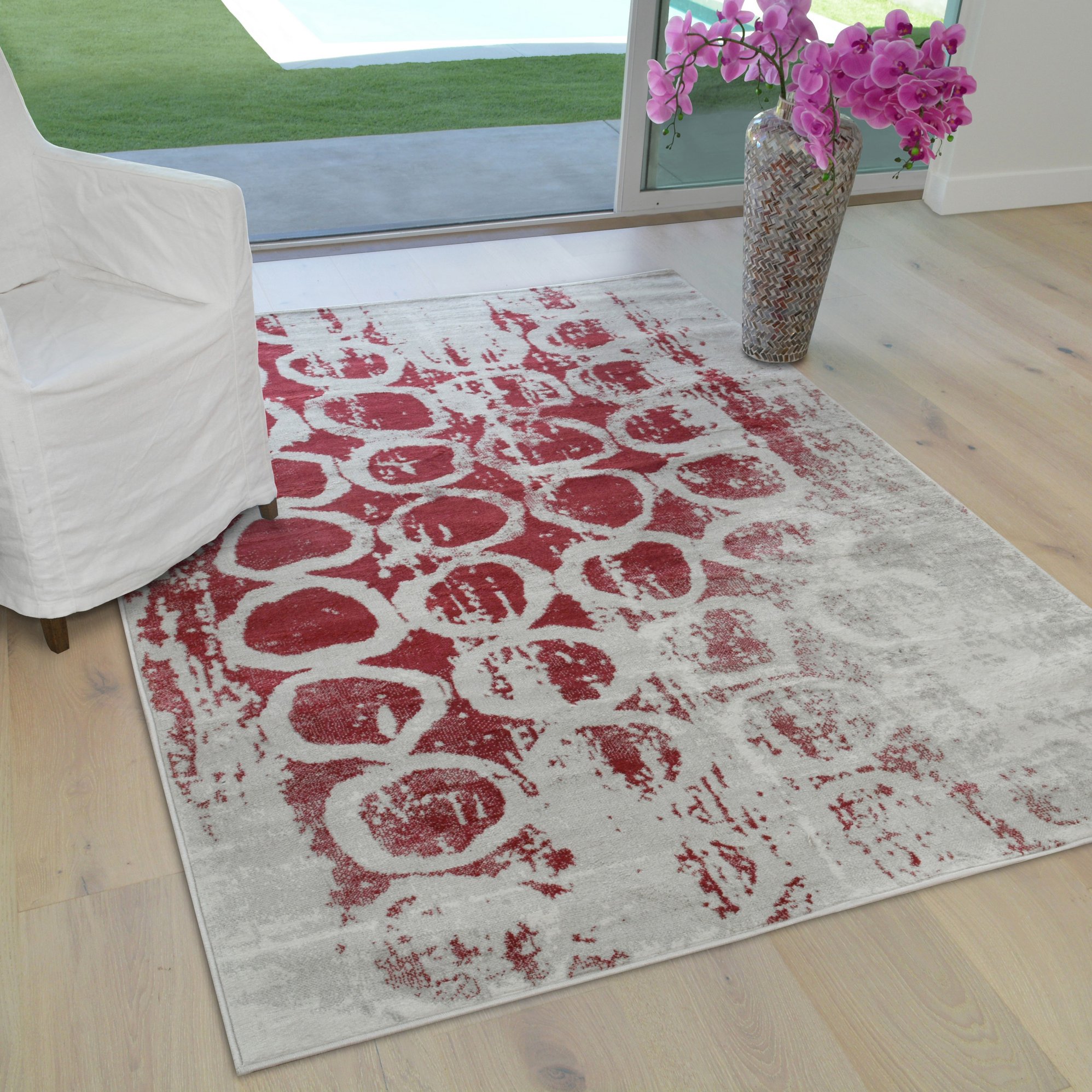 HR red Gray Rug Distressed Area Rug Bohemian Modern Abstract Circle