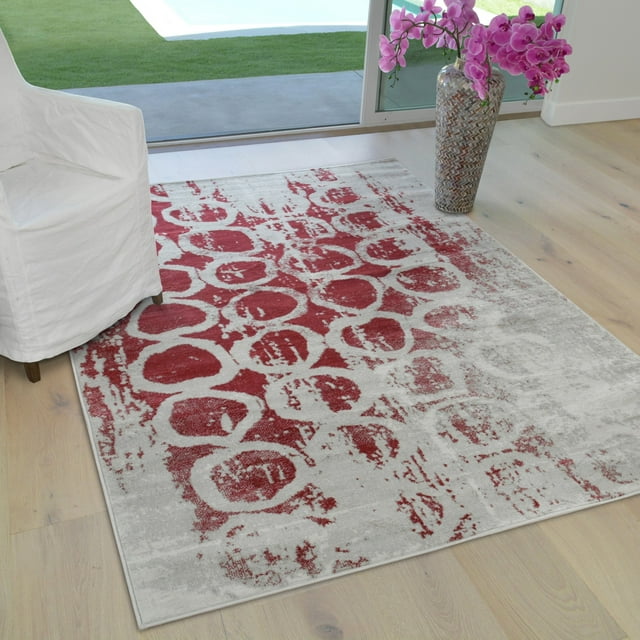 HR red Gray Rug Distressed Area Rug Bohemian Modern Abstract Circle Geometric Printed Contemporary 8x10 Rugs, Cherry red Carpet