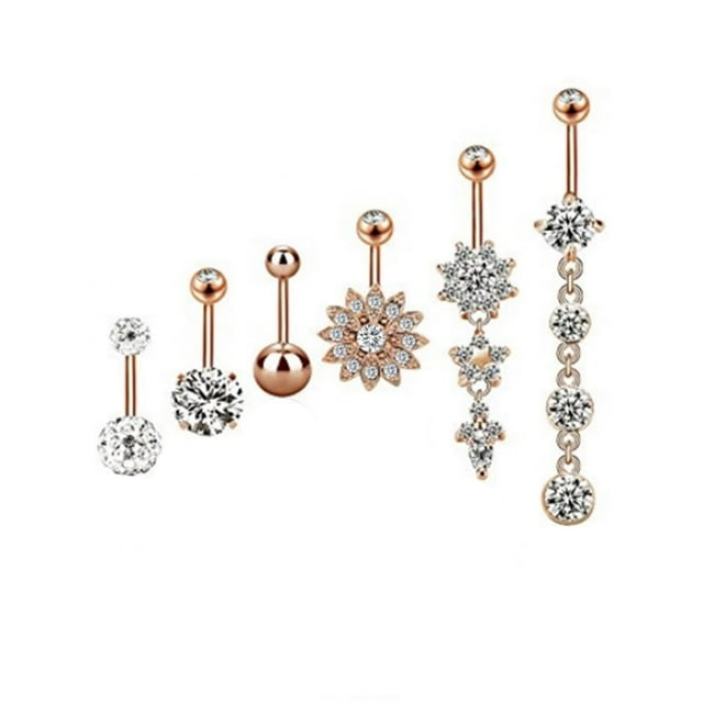Belly Ring Rhinestone Belly Ring Body Ring 6Pcs Stainless Steel Rhinestone Belly Ring Navel Nail Body Ordinary Rose Gold