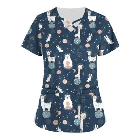 

Bazyrey Womens Summer Tops 2023 Polka Dot Printed Blouse Female Round Neck Trendy Short Sleeve Plus Size Cute Scrub T-Shirts With Pockets Blue 3XL