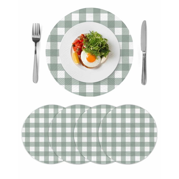 Green Farmhouse Round Placemats Set of 4 for Dinning Tables,Heat-proof Braided Table Mats 15 Inch,Buffalo Plaid Check Lattice White Grid Washable Place Mat for Kitchen Restaurant Party Table Decor